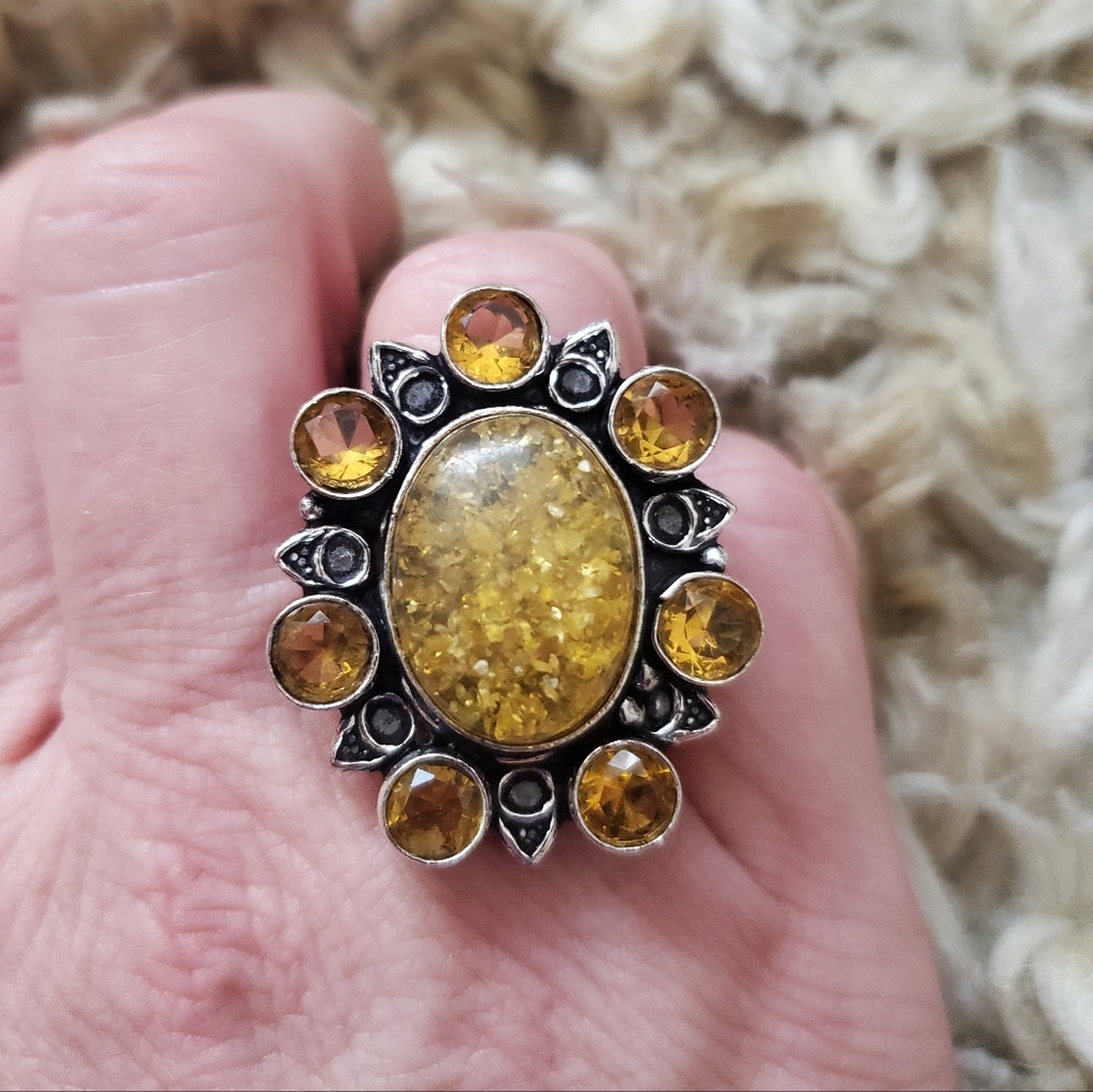 New Amber and Citrine 925 Silver Statement Ring. - Picture 2 of 12